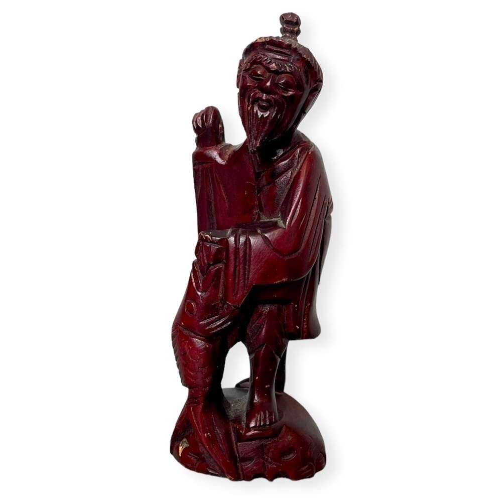Vintage Hand Carved Miniature Japanese Fisherman Holding Fish 6”X2.5”